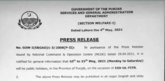 Eid ul Fitr Public Holidays 2022 Punjab Govt Official Notification