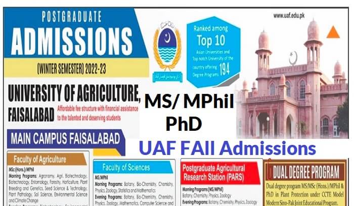 Admissions Fall 2022 UAF-University of Agriculture Faisalabad MPhil PhD