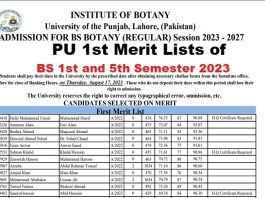 PU 1st Merit Lists of BS 1st and 5th Semester 2023 | PU BS 1st Merit List