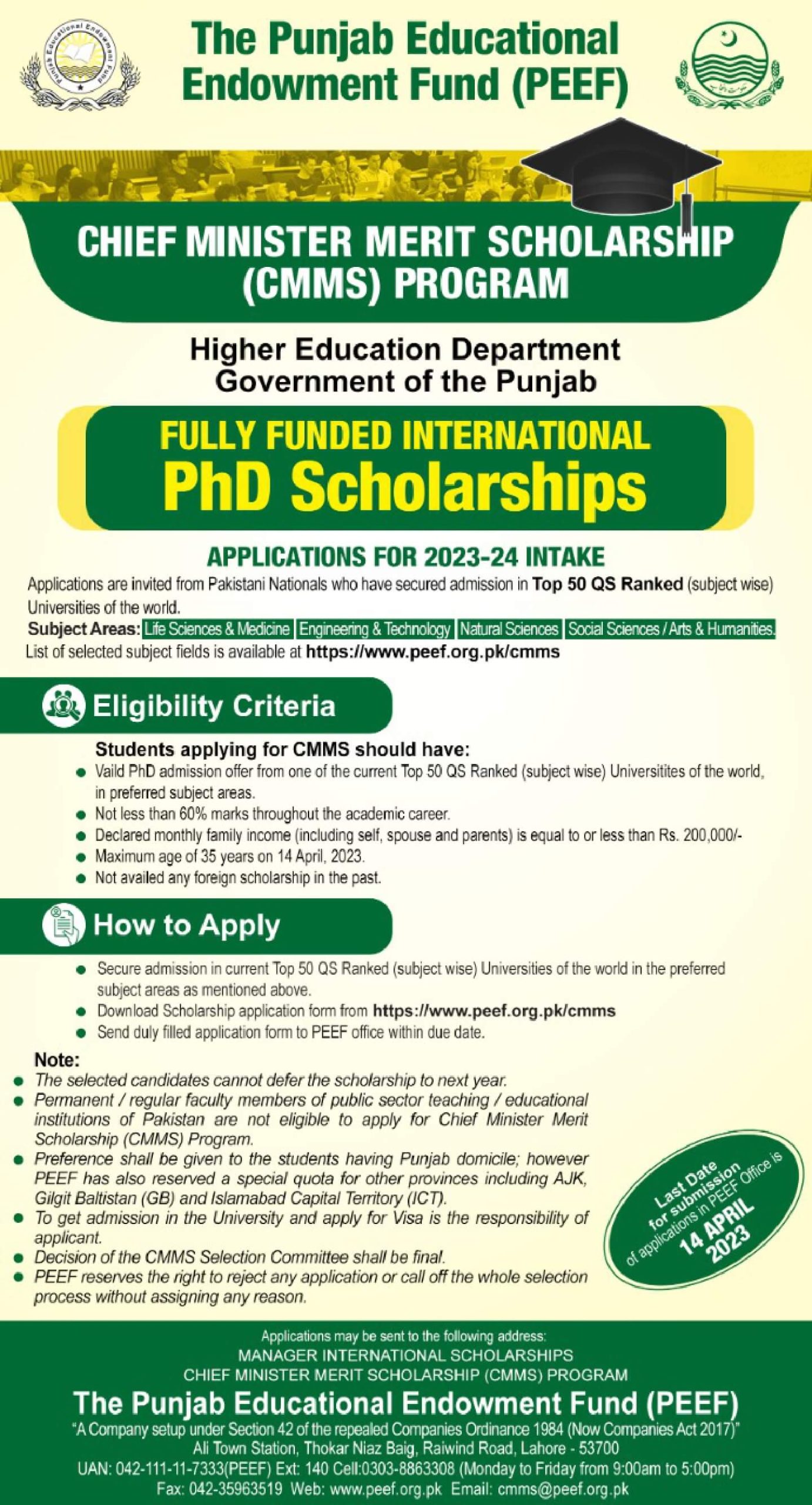 Chief Minister PhD Foreign Scholarships 2023 | PEEF CMMS Scholarships