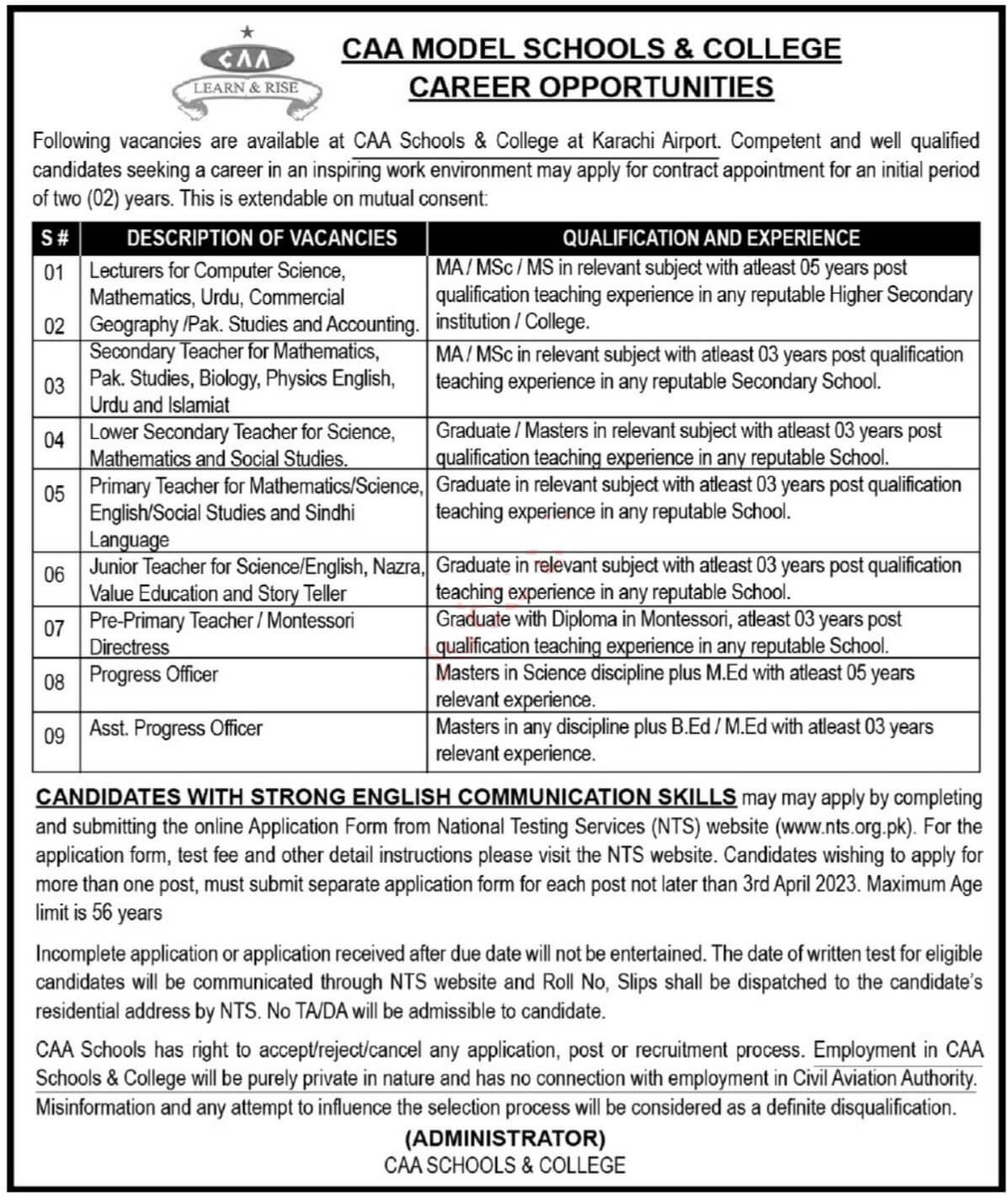 CAA Model College and School Jobs | Pakistan Civil Aviation Authority Jobs 2023
