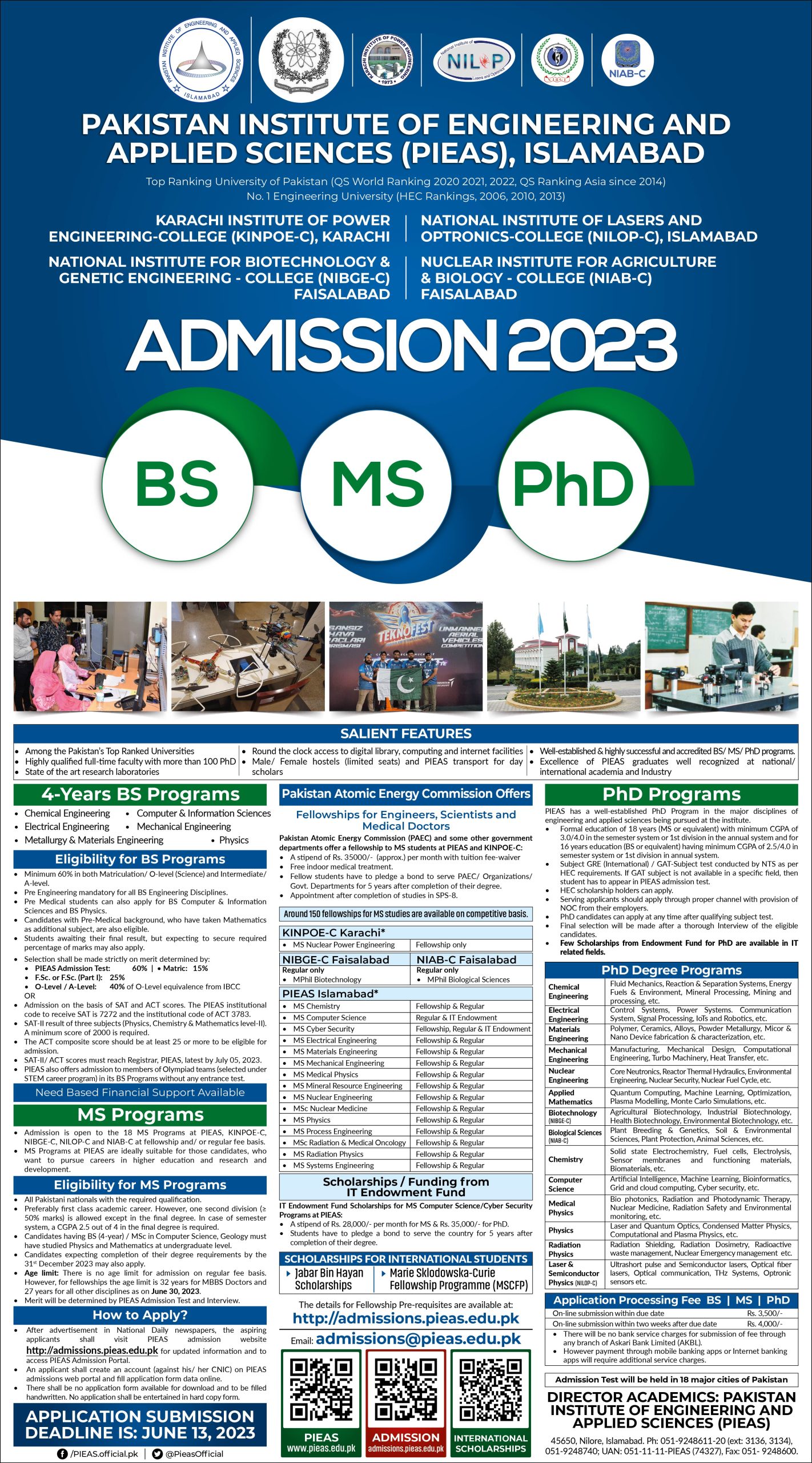 PIEAS Islamabad Admissions 2023 of BS MS and PhD