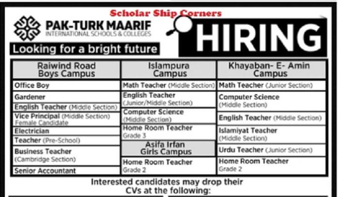 Pak Turk International College & School Jobs 2023 | Pak Turk Marif Jobs