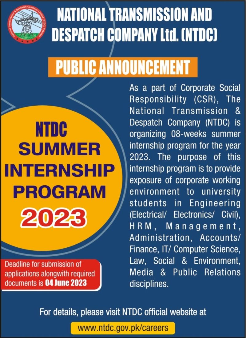 NTDC Summer Internship 2023 for Students in Pakistan